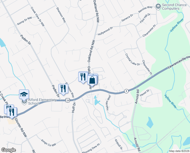 map of restaurants, bars, coffee shops, grocery stores, and more near 322 Oaktown Court in Lawrenceville