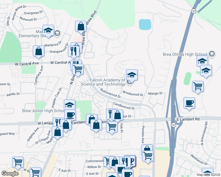 map of restaurants, bars, coffee shops, grocery stores, and more near 391 Buttonwood Drive in Brea