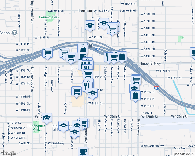 map of restaurants, bars, coffee shops, grocery stores, and more near 11628 Birch Avenue in Hawthorne