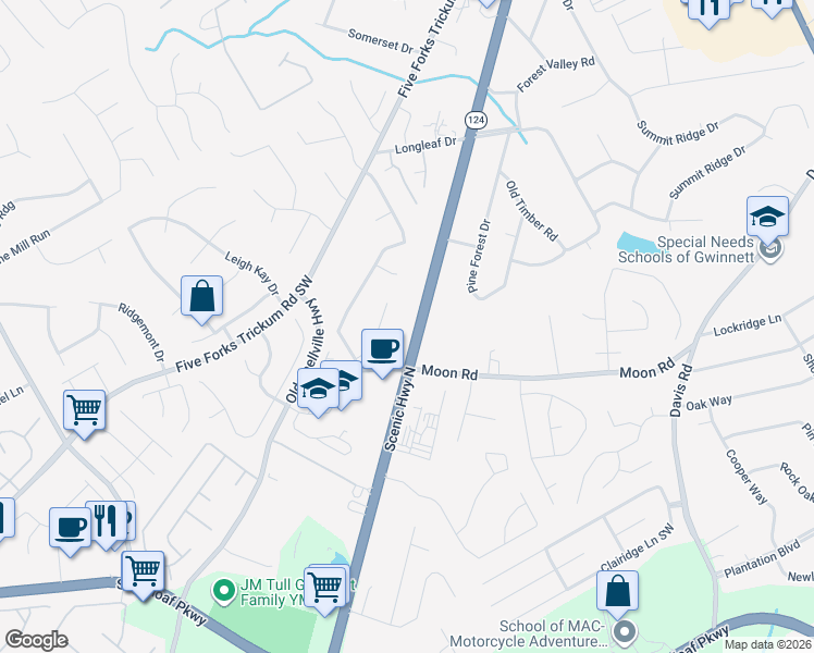 map of restaurants, bars, coffee shops, grocery stores, and more near 577 Scenic Highway South in Lawrenceville
