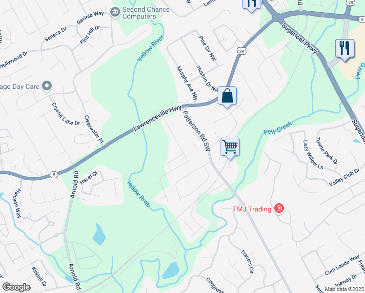 map of restaurants, bars, coffee shops, grocery stores, and more near 189 Braemore Mill Drive in Lawrenceville