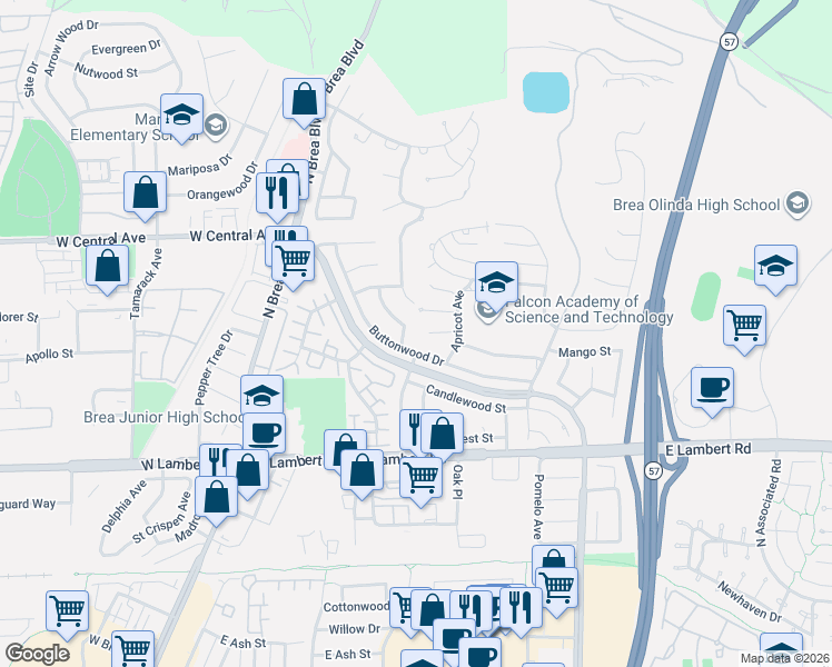 map of restaurants, bars, coffee shops, grocery stores, and more near 500 Silver Canyon Way in Brea