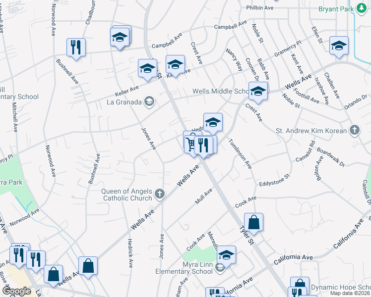 map of restaurants, bars, coffee shops, grocery stores, and more near 4935 Tyler Meadow Road in Riverside