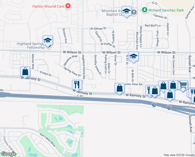 map of restaurants, bars, coffee shops, grocery stores, and more near 401 Dorothy Anna Drive in Banning
