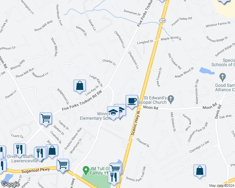 map of restaurants, bars, coffee shops, grocery stores, and more near 515 Charleston Lane in Lawrenceville