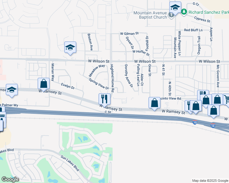 map of restaurants, bars, coffee shops, grocery stores, and more near 4778 Spring View Drive in Banning