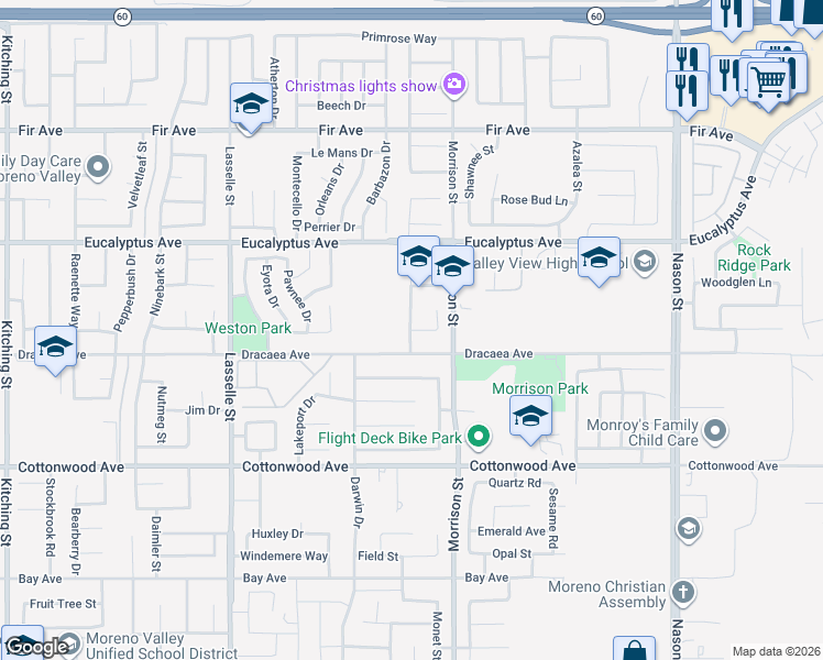 map of restaurants, bars, coffee shops, grocery stores, and more near 23679 Bodega Court in Moreno Valley