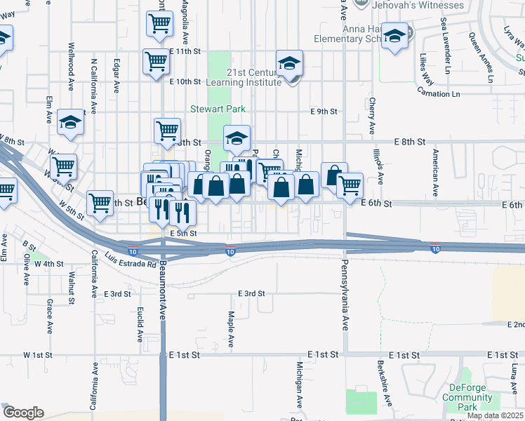 map of restaurants, bars, coffee shops, grocery stores, and more near 526 Palm Avenue in Beaumont