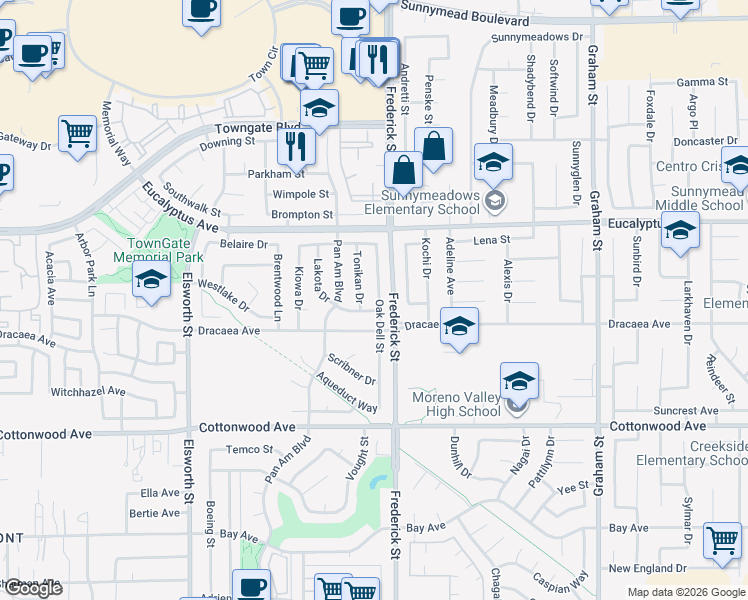 map of restaurants, bars, coffee shops, grocery stores, and more near 13239 Lakota Drive in Moreno Valley