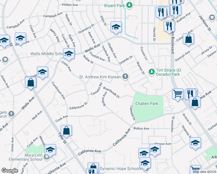 map of restaurants, bars, coffee shops, grocery stores, and more near 4954 Boardwalk Drive in Riverside