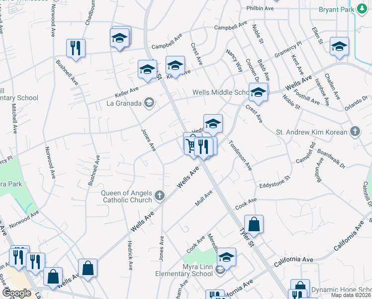 map of restaurants, bars, coffee shops, grocery stores, and more near 4935 Tyler Meadow Road in Riverside