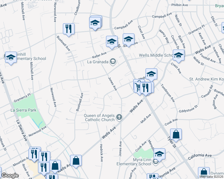 map of restaurants, bars, coffee shops, grocery stores, and more near 5084 Jones Avenue in Riverside
