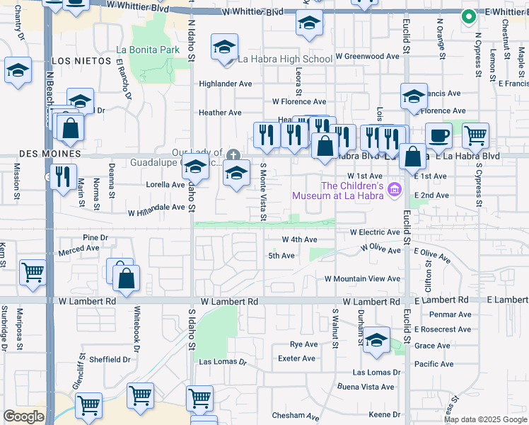 map of restaurants, bars, coffee shops, grocery stores, and more near 351 South Monte Vista Street in La Habra