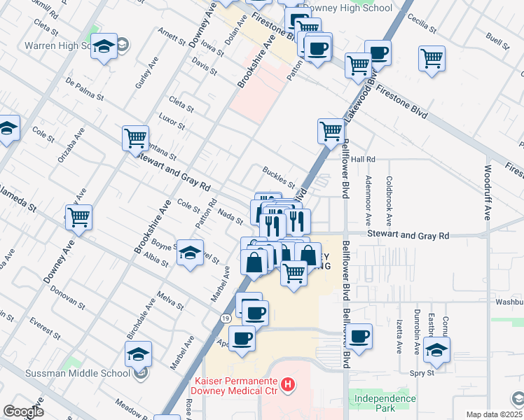 map of restaurants, bars, coffee shops, grocery stores, and more near 8716 Stewart and Gray Road in Downey