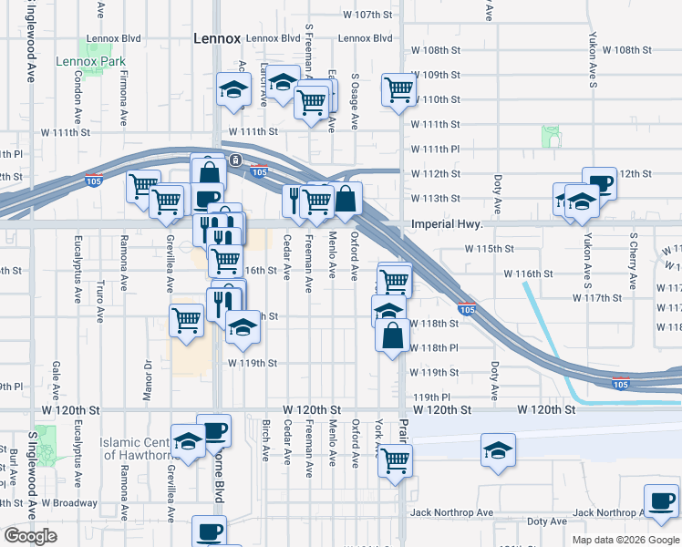 map of restaurants, bars, coffee shops, grocery stores, and more near 11626 Menlo Avenue in Hawthorne