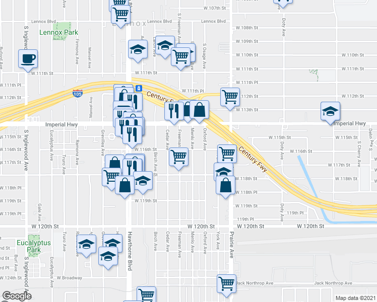 map of restaurants, bars, coffee shops, grocery stores, and more near 11626 Menlo Avenue in Hawthorne