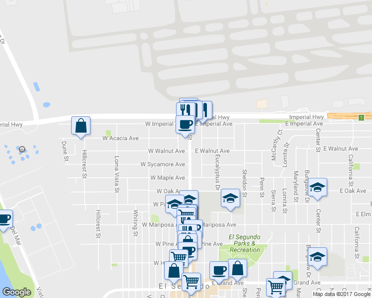 map of restaurants, bars, coffee shops, grocery stores, and more near 847 Main Street in El Segundo