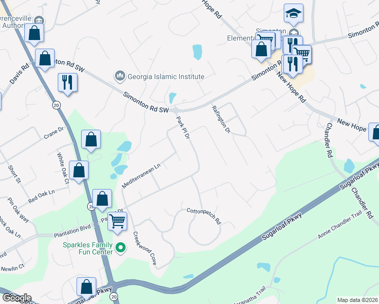 map of restaurants, bars, coffee shops, grocery stores, and more near 91 Park Place Drive in Lawrenceville