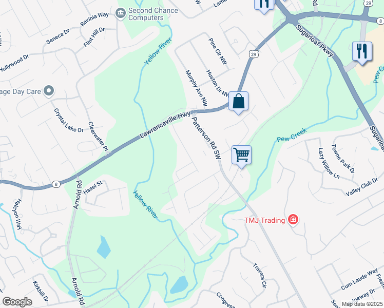 map of restaurants, bars, coffee shops, grocery stores, and more near 189 Braemore Mill Drive in Lawrenceville