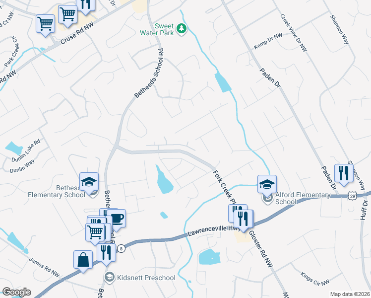 map of restaurants, bars, coffee shops, grocery stores, and more near 2638 Autumn Ridge Lane in Lawrenceville