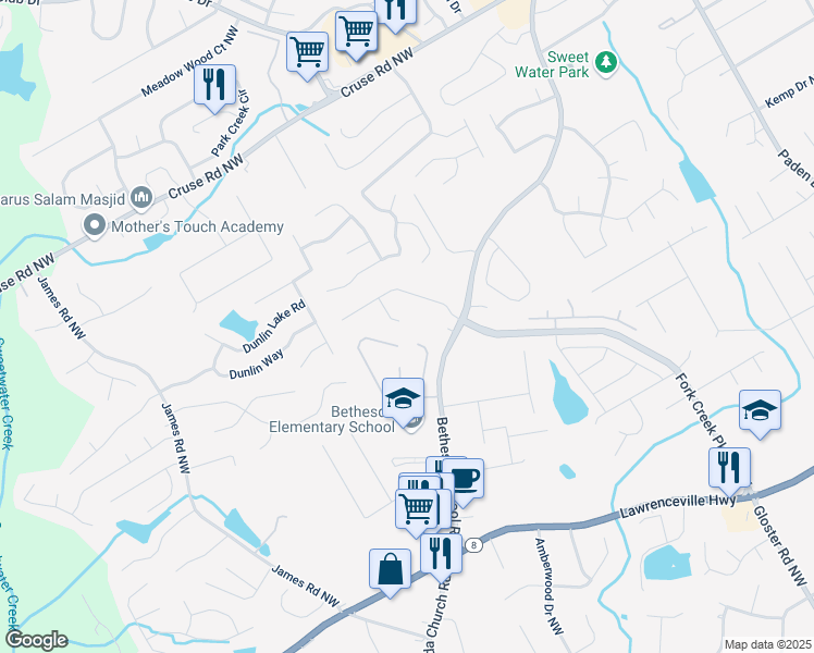 map of restaurants, bars, coffee shops, grocery stores, and more near 515 Sugar Gate Court in Lawrenceville