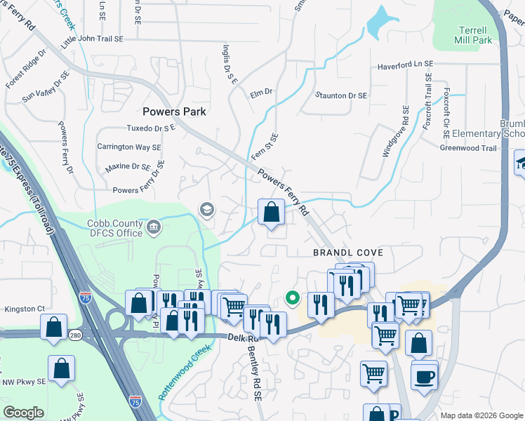 map of restaurants, bars, coffee shops, grocery stores, and more near 2528 Cedar Canyon Road Southeast in Marietta
