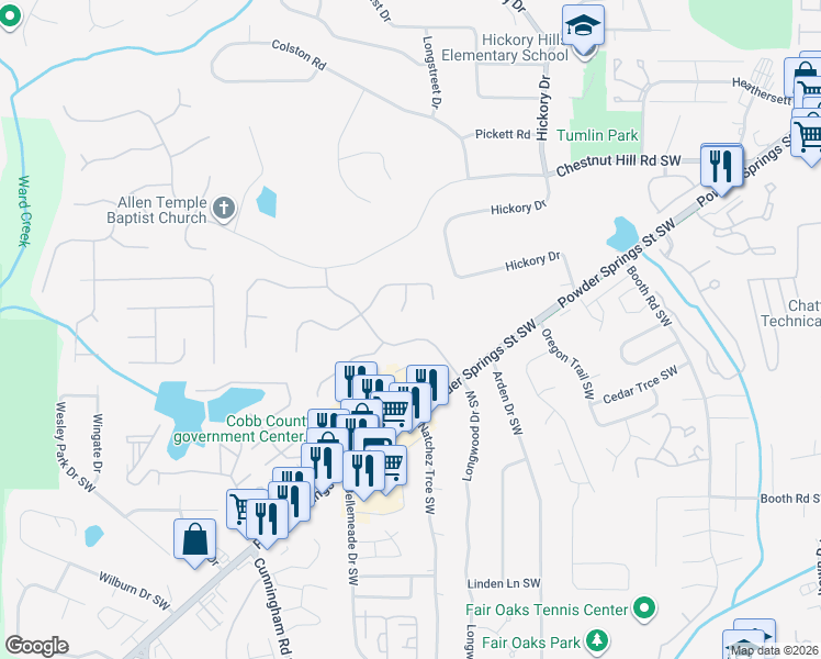 map of restaurants, bars, coffee shops, grocery stores, and more near 995 Laurel Springs Lane Southwest in Marietta