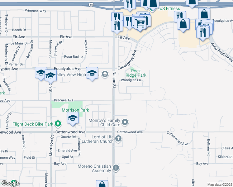 map of restaurants, bars, coffee shops, grocery stores, and more near 13197 Creekside Way in Moreno Valley