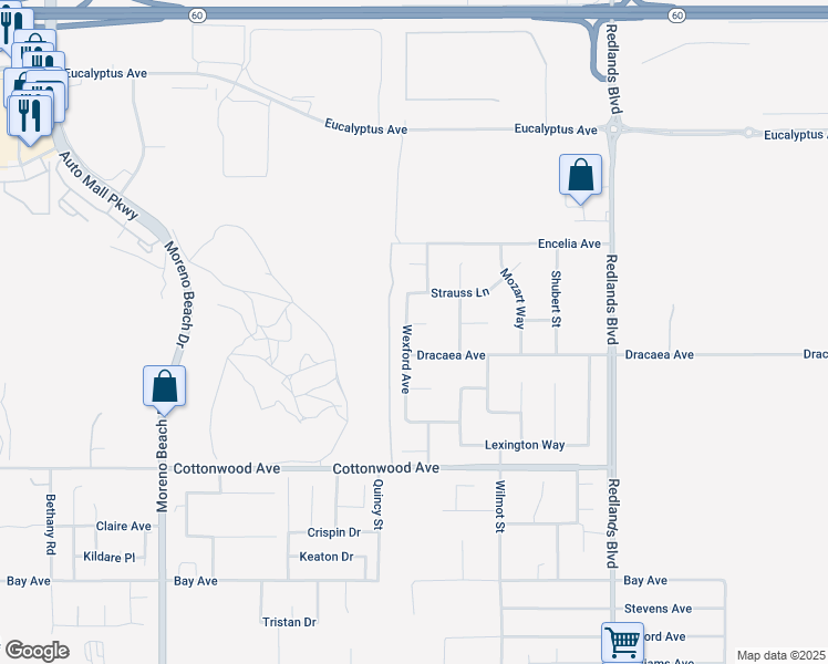 map of restaurants, bars, coffee shops, grocery stores, and more near 28605 Tracer Court in Moreno Valley
