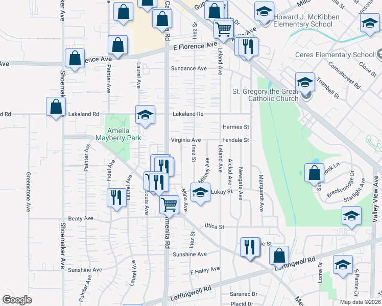 map of restaurants, bars, coffee shops, grocery stores, and more near 11231 Inez Street in Whittier