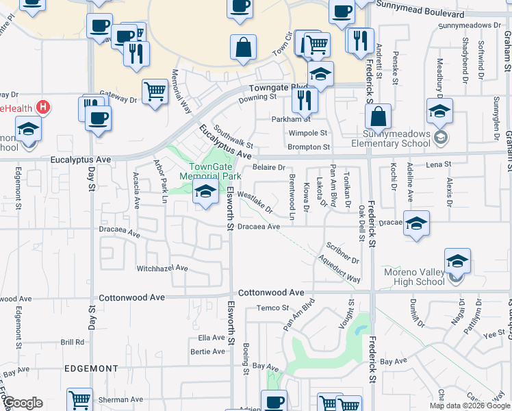 map of restaurants, bars, coffee shops, grocery stores, and more near 22587 Westlake Drive in Moreno Valley