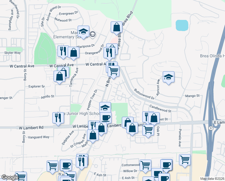 map of restaurants, bars, coffee shops, grocery stores, and more near 143 Timberline Court in Brea