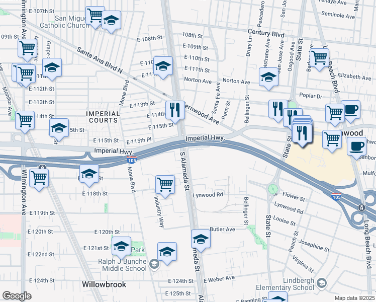 map of restaurants, bars, coffee shops, grocery stores, and more near 11600 Alameda Street in Lynwood