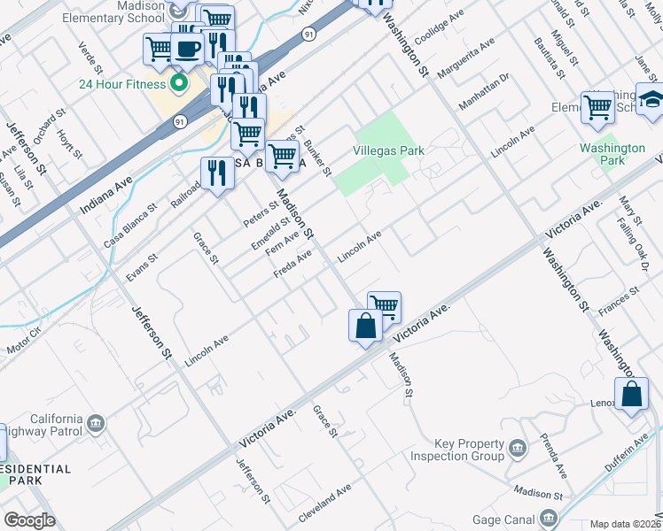 map of restaurants, bars, coffee shops, grocery stores, and more near Madison St & Lincoln Ave in Riverside