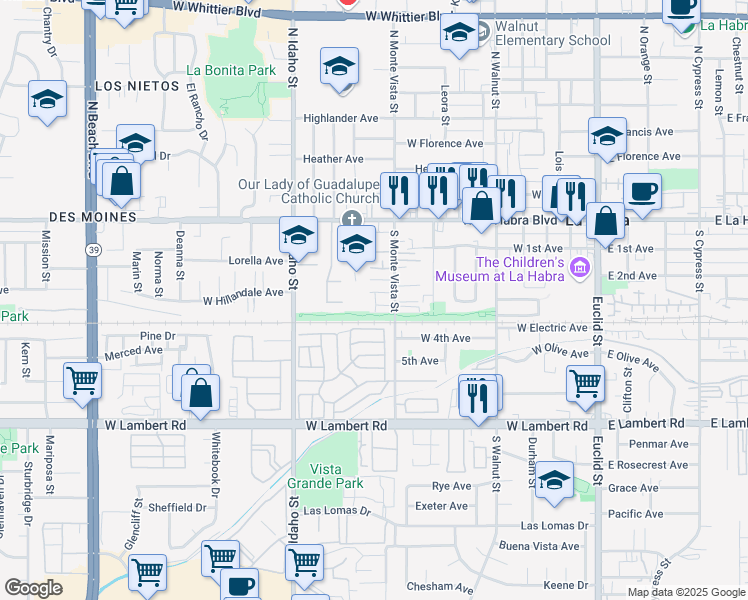 map of restaurants, bars, coffee shops, grocery stores, and more near 345 South Monte Vista Street in La Habra