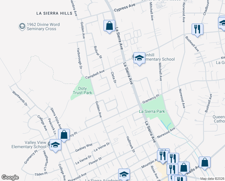 map of restaurants, bars, coffee shops, grocery stores, and more near 11206 Westwind Way in Riverside