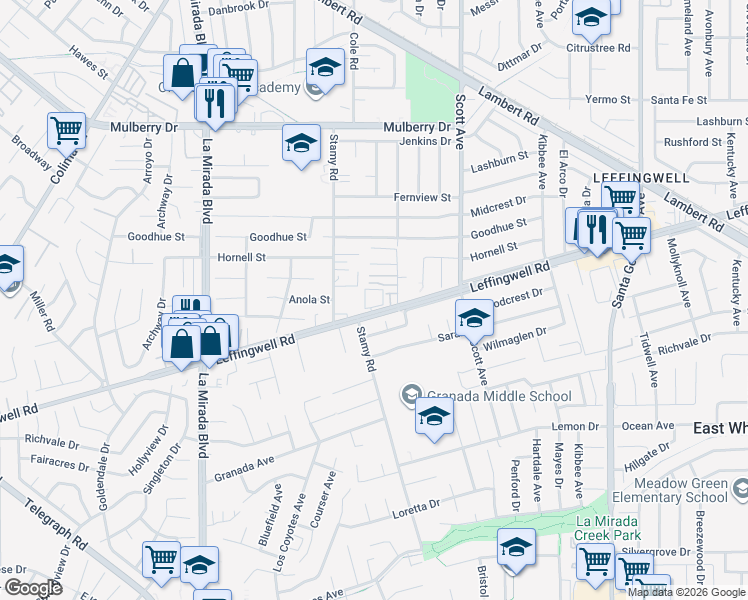 map of restaurants, bars, coffee shops, grocery stores, and more near 15255 Leffingwell Road in Whittier