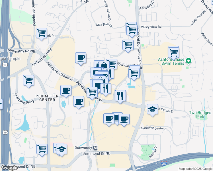 map of restaurants, bars, coffee shops, grocery stores, and more near 60 Perimeter Center Parkway Northeast in Atlanta