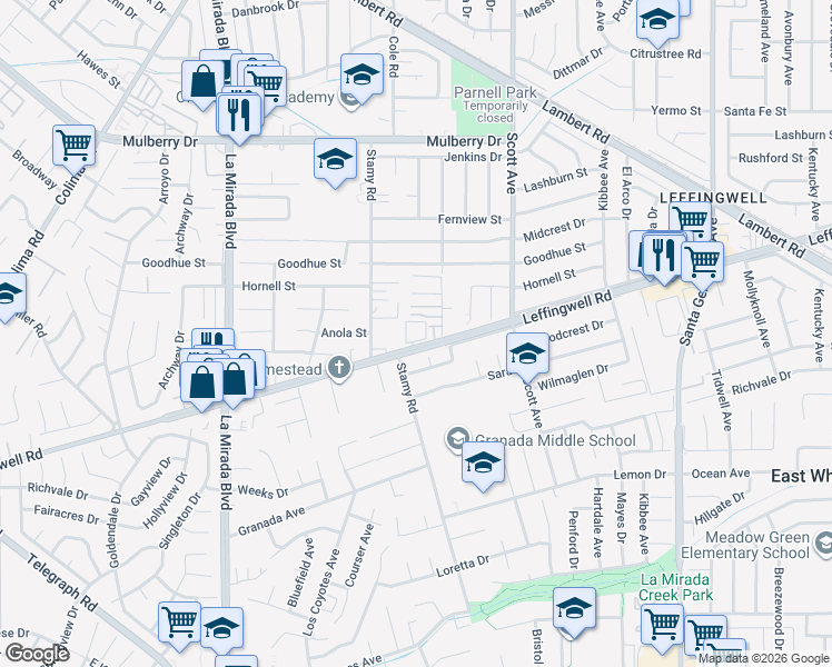 map of restaurants, bars, coffee shops, grocery stores, and more near 15265 Leffingwell Road in Whittier