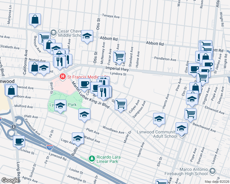 map of restaurants, bars, coffee shops, grocery stores, and more near 11218 Sue Avenue in Lynwood