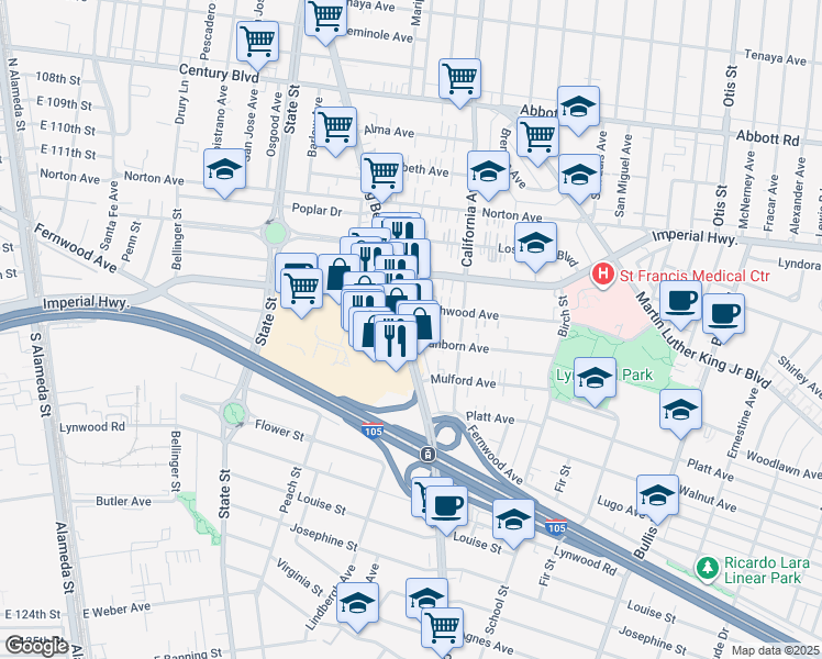 map of restaurants, bars, coffee shops, grocery stores, and more near 11218 Long Beach Boulevard in Lynwood