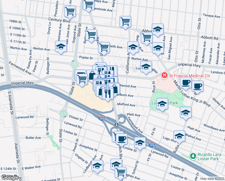 map of restaurants, bars, coffee shops, grocery stores, and more near 11218 Long Beach Boulevard in Lynwood
