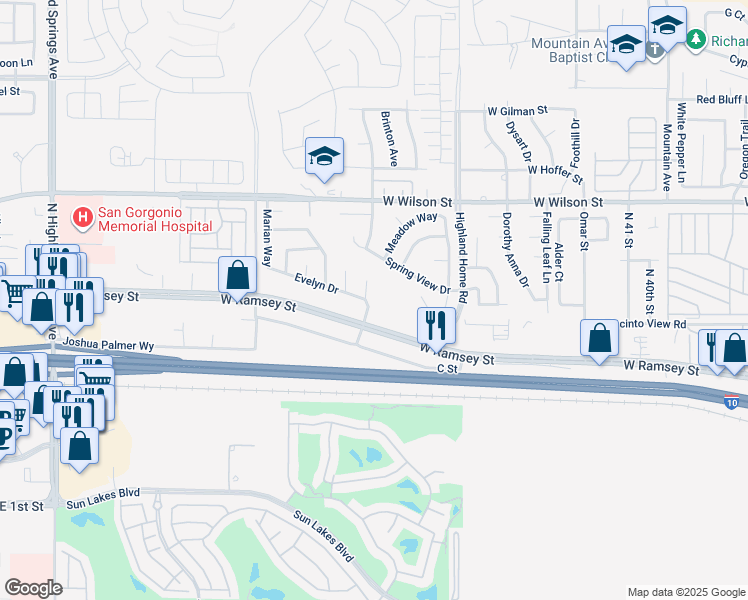 map of restaurants, bars, coffee shops, grocery stores, and more near 98 Lori Way in Banning