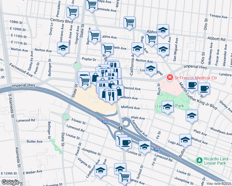 map of restaurants, bars, coffee shops, grocery stores, and more near in Lynwood