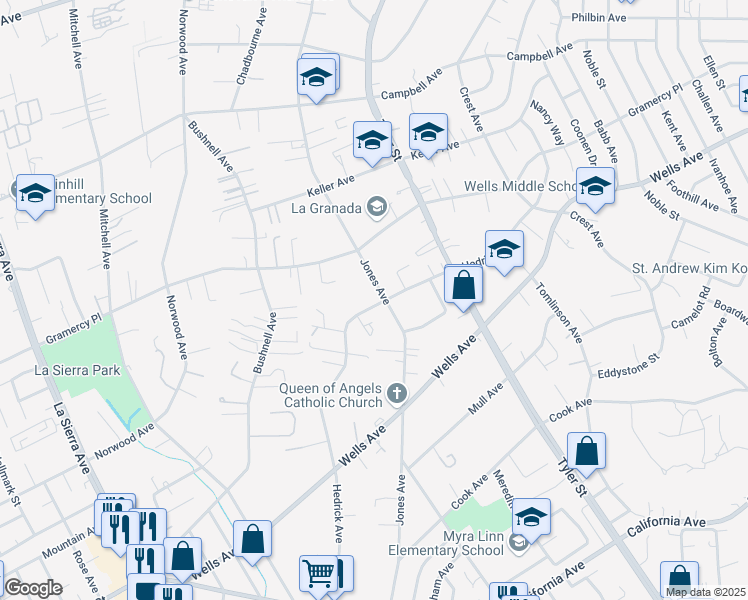 map of restaurants, bars, coffee shops, grocery stores, and more near 5130 Hedrick Avenue in Riverside