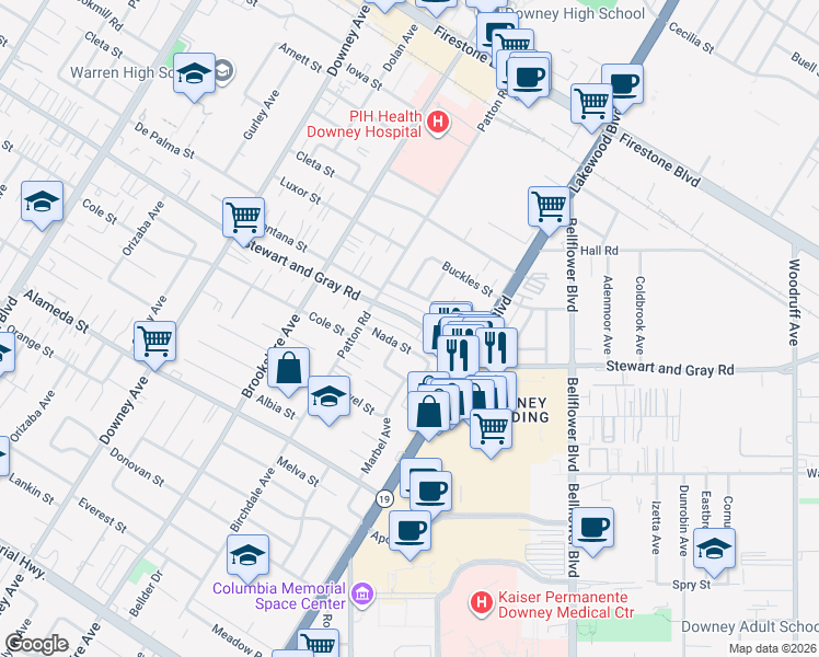 map of restaurants, bars, coffee shops, grocery stores, and more near 11905 Tristan Drive in Downey