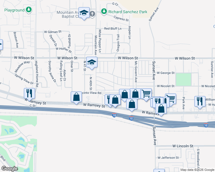 map of restaurants, bars, coffee shops, grocery stores, and more near 3880 West Jacinto View Road in Banning