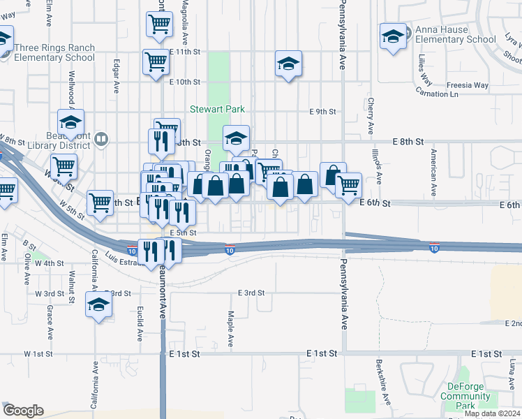 map of restaurants, bars, coffee shops, grocery stores, and more near 845 East 6th Street in Beaumont
