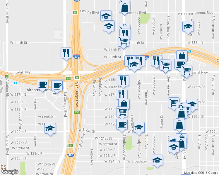 map of restaurants, bars, coffee shops, grocery stores, and more near 4901 Buford Avenue in Hawthorne