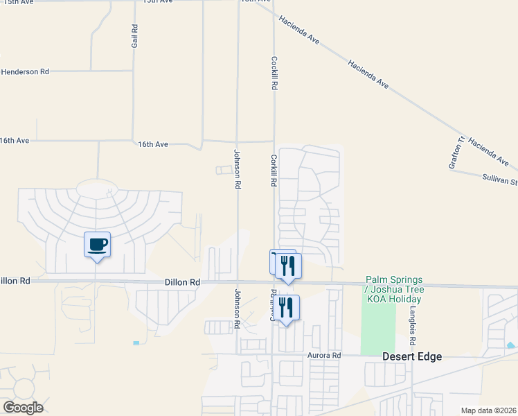 map of restaurants, bars, coffee shops, grocery stores, and more near 16431 Johnson Road in Desert Hot Springs